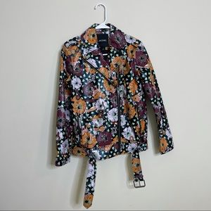 MONKI Faux Leather Biker Animal and Flower Print Jacket